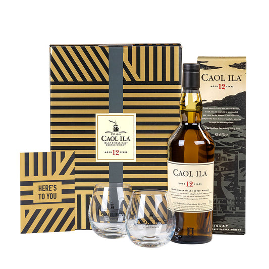Caol Ila 12 Year Old Islay Single Malt Scotch Whisky 70cl in a High Quality Gift Set With Glasses & Greeting Card